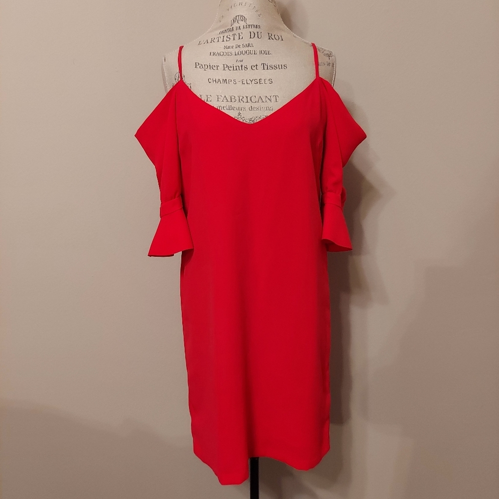 Pinko Spaghetti Strap Red Cold Shoulder Dr…